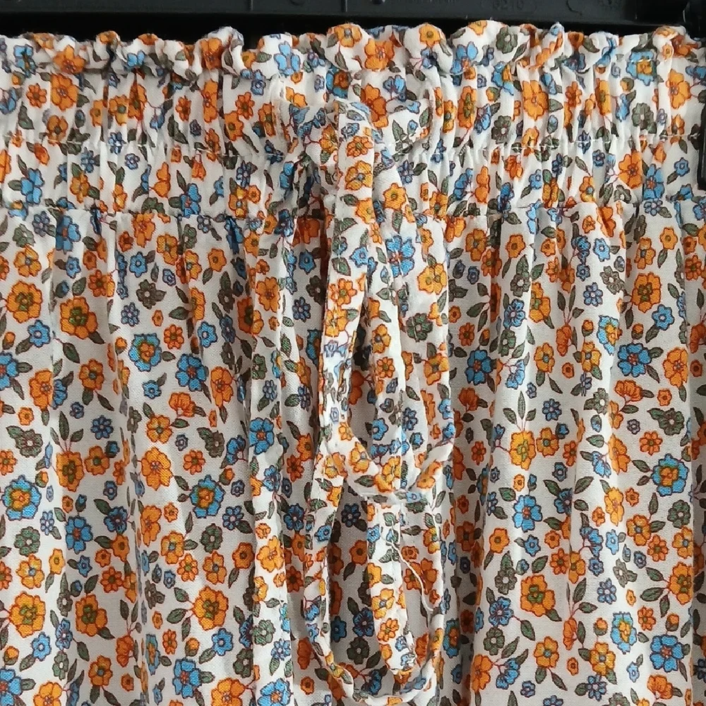 Zesica Orange Blue Floral Boho Tiered Pull On Elastic Waist Maxi Skirt SZ M